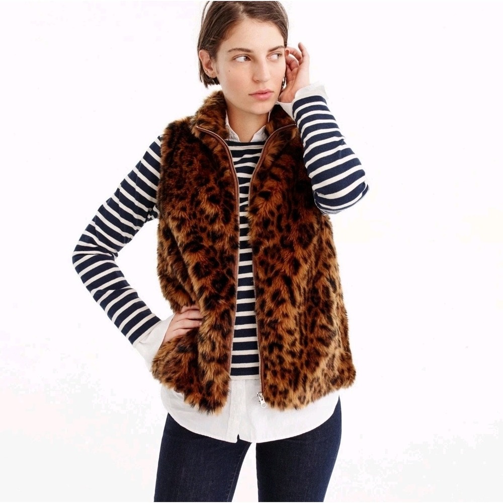 J.Crew Leopard Print Faux Fur Vest Brown Black Full Zip Size XS Mob Wife Animal